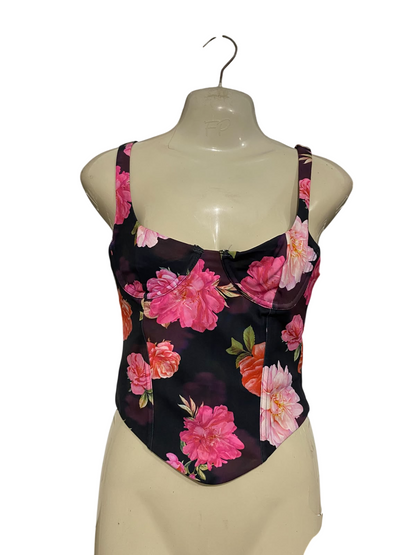 WHITE FOX |XS| BUST 15| A46| BLACK AND PINK FLORAL-PRINT CORSET TECHNICAL UTILITY CROP TOP