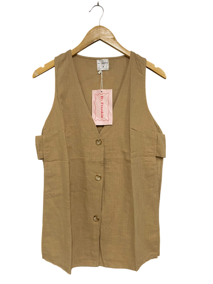 BY FRANKIE |M| BUST 19| A46| CAMEL BUTTON-FRONT TAILORED TECHNICAL UTILITY VEST