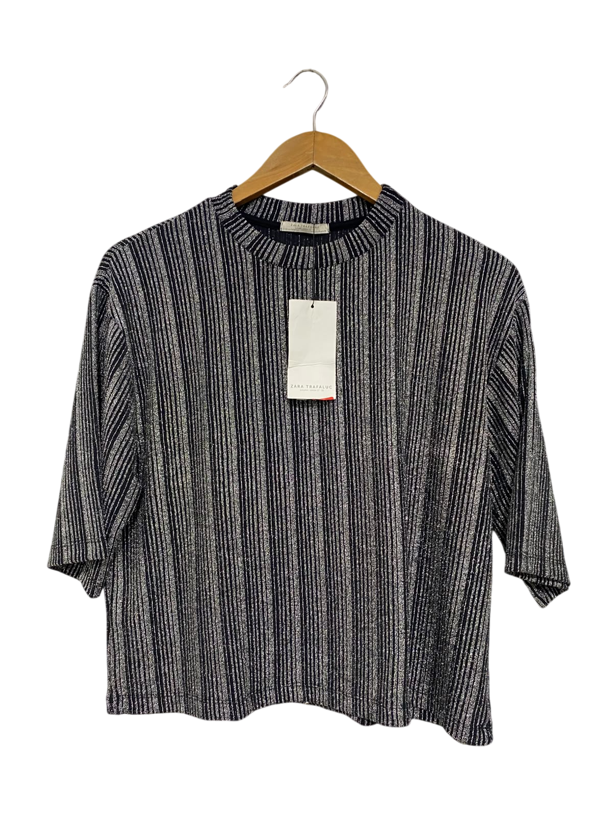 ZARA TRAFALUC |M| BUST 21| A46| BLACK AND SILVER METALLIC STRIPED TECHNICAL UTILITY BOXEY TOP