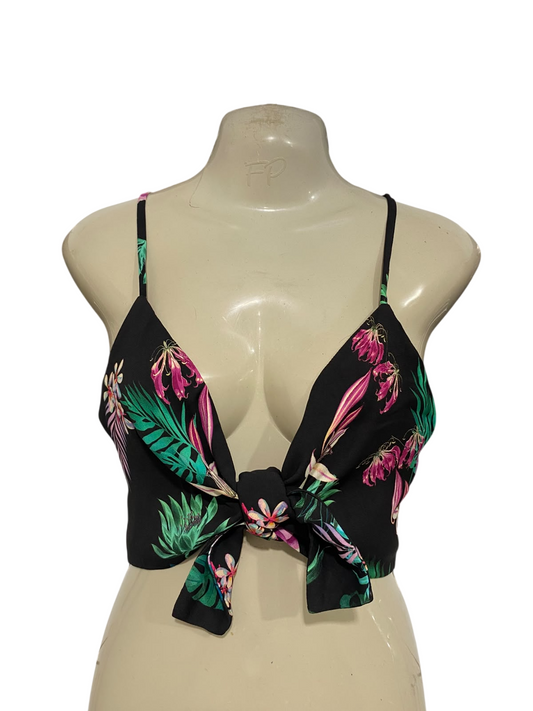 ZARA WOMAN |XS| BUST 16| A46| BLACK TROPICAL FLORAL-PRINT TIE-FRONT TECHNICAL UTILITY CROP TOP