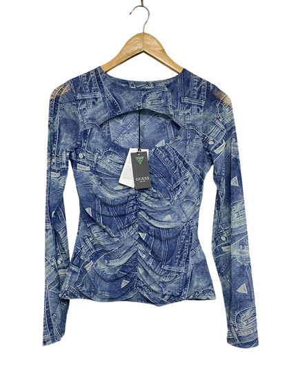 GUESS |M| BUST 15| A46| BLUE DENIM-PRINT RUCHED CUTOUT TECHNICAL UTILITY LONG-SLEEVE TOP