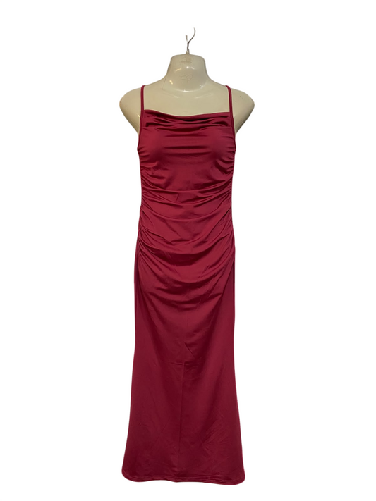 SHEIN |XS| BUST 15| A47| BURGUNDY RUCHED COWL-NECK TECHNICAL UTILITY MIDI DRESS