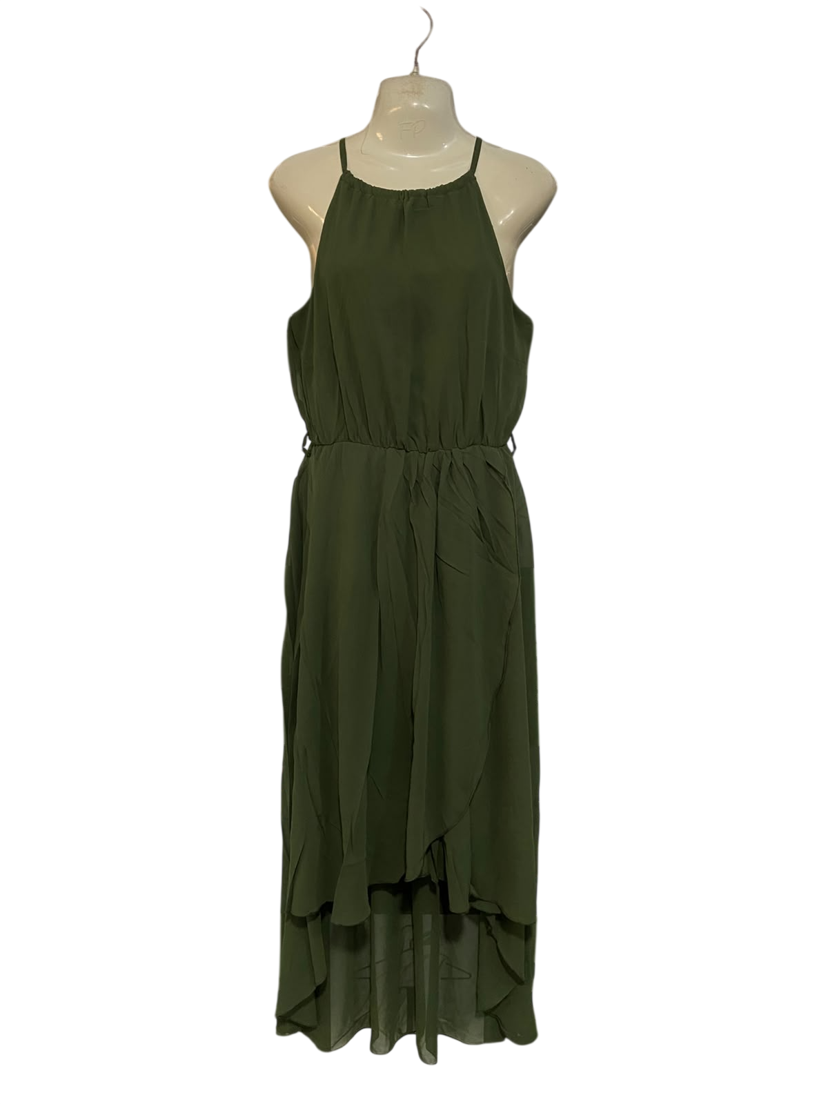 SELECT |M| BUST 17| A47| OLIVE HIGH-LOW HALTER TECHNICAL UTILITY MIDI DRESS