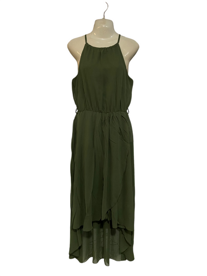 SELECT |M| BUST 17| A47| OLIVE HIGH-LOW HALTER TECHNICAL UTILITY MIDI DRESS