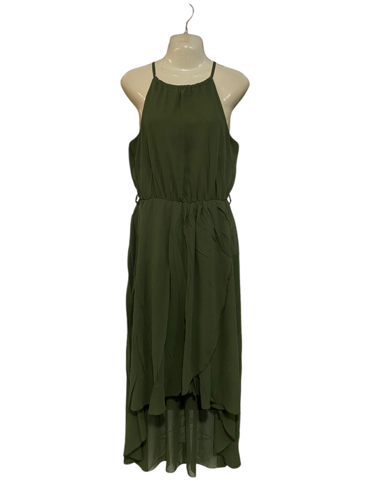 SELECT |M| BUST 17| A47| OLIVE HIGH-LOW HALTER TECHNICAL UTILITY MIDI DRESS