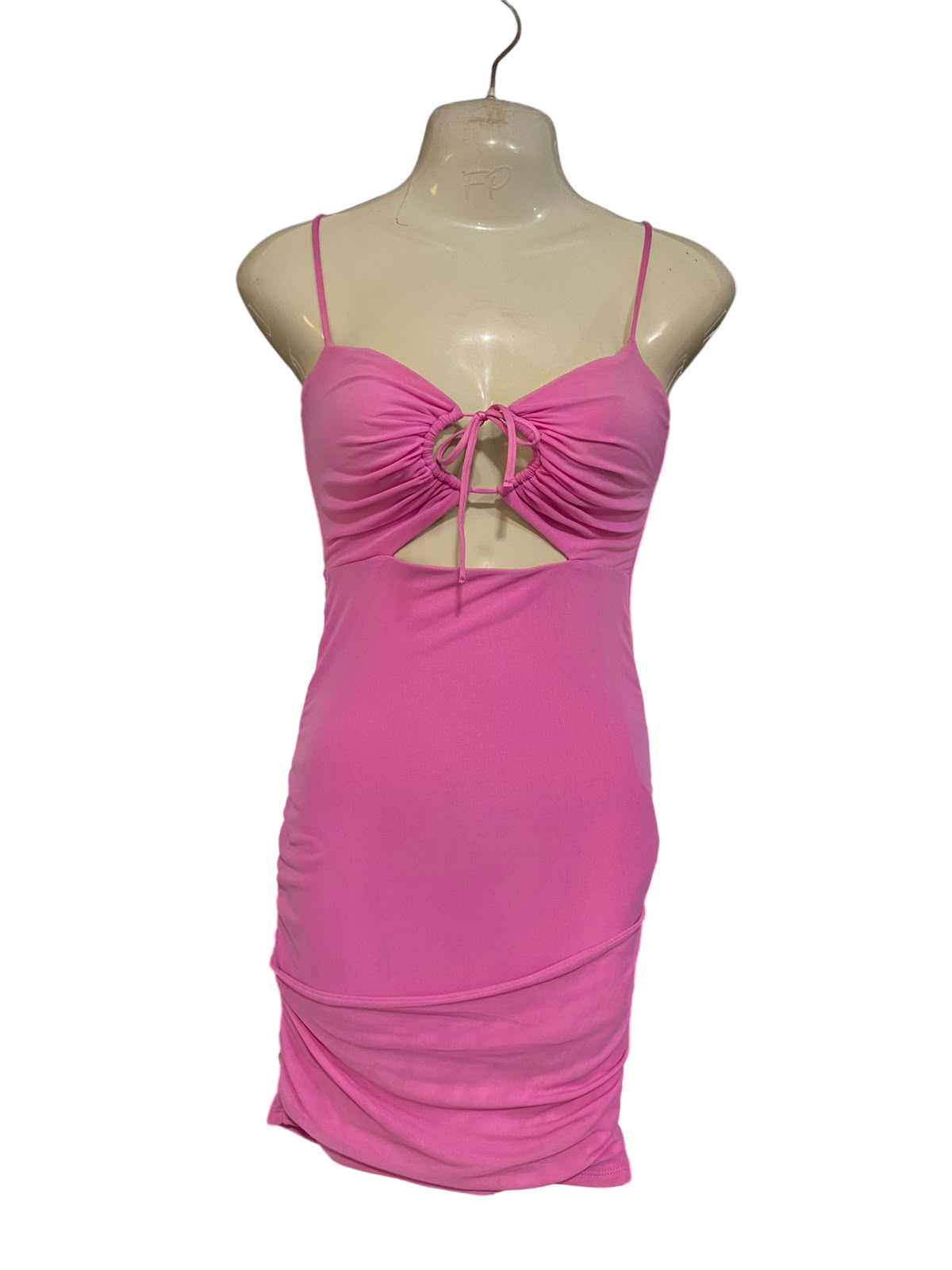 OH POLLY |S| BUST 15| A47| PINK CUTOUT RUCHED TECHNICAL UTILITY MINI DRESS
