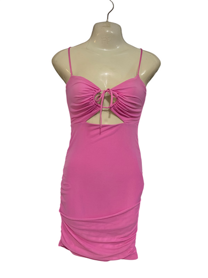 OH POLLY |S| BUST 15| A47| PINK CUTOUT RUCHED TECHNICAL UTILITY MINI DRESS