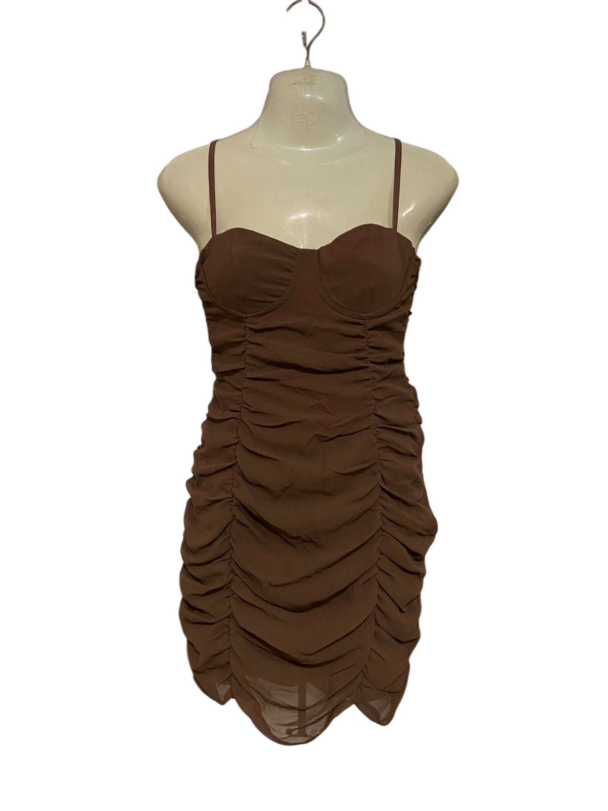BERSHKA |S| BUST 15| A47| BROWN RUCHED BODYCON TECHNICAL UTILITY MINI DRESS