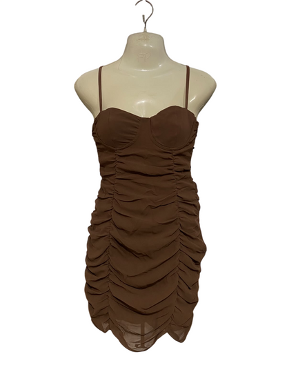 BERSHKA |S| BUST 15| A47| BROWN RUCHED BODYCON TECHNICAL UTILITY MINI DRESS