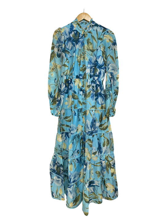 FOREVER NEW |M| BUST 18| A47| BLUE AND GREEN FLORAL TIERED TECHNICAL UTILITY MAXI DRESS