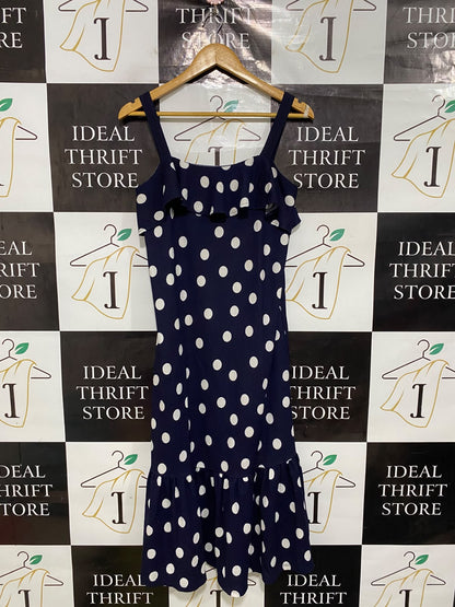 F&F |S| BUST 16| A47| NAVY AND WHITE POLKA-DOT RUFFLE TECHNICAL UTILITY MIDI DRESS