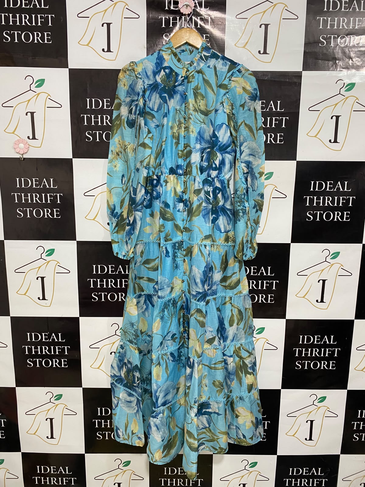 FOREVER NEW |M| BUST 18| A47| BLUE AND GREEN FLORAL TIERED TECHNICAL UTILITY MAXI DRESS