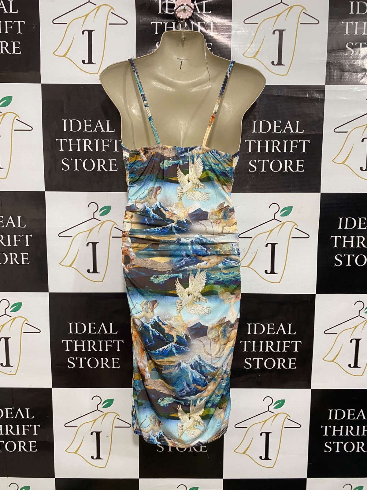 PRETTYLITTLE THING |S| BUST 15| A47| RENAISSANCE ART-PRINT COWL-NECK TECHNICAL UTILITY MIDI DRESS