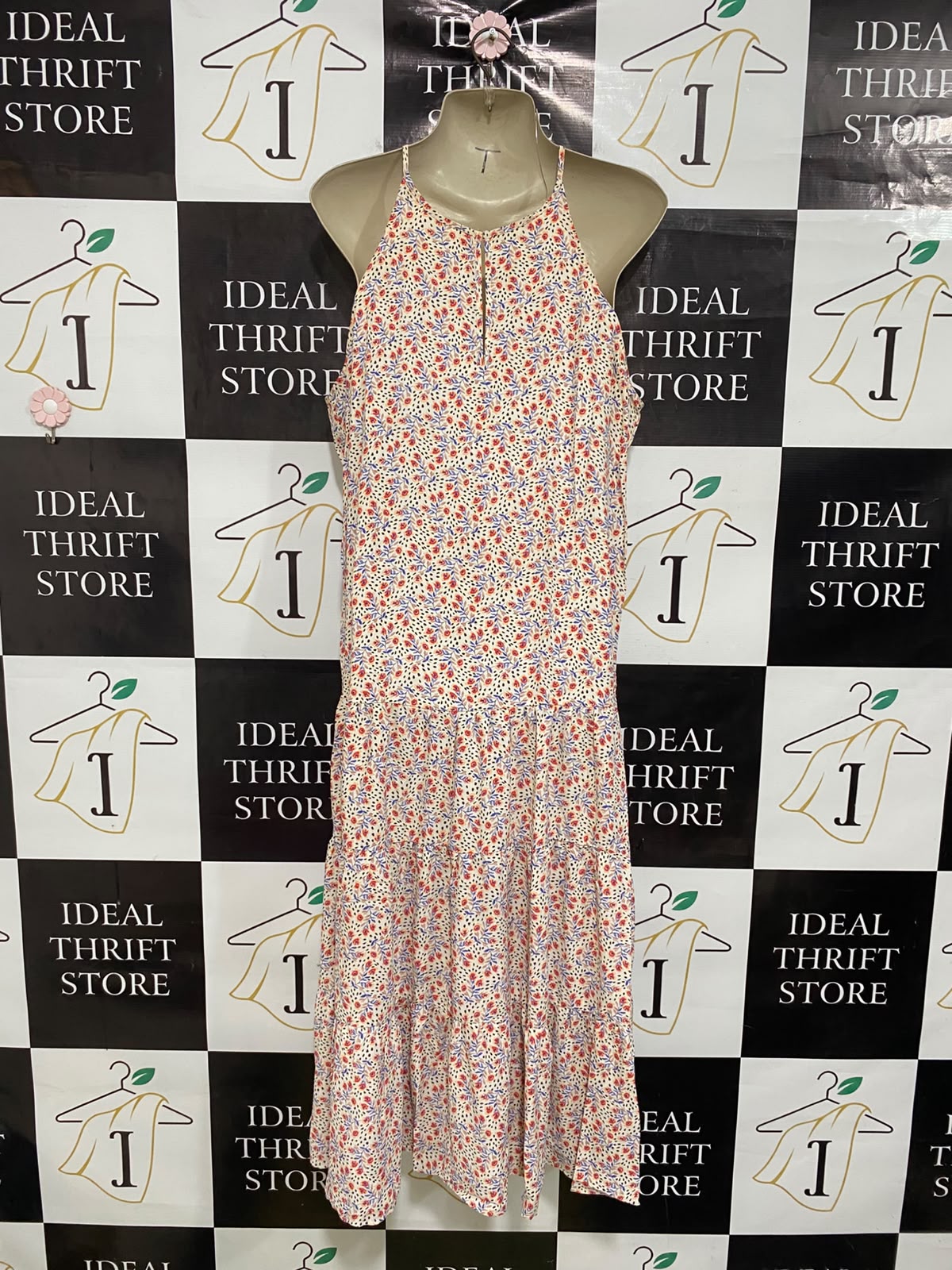 EAC |L| BUST 20| A47| CREAM AND RED FLORAL HALTER-NECK TIERED TECHNICAL UTILITY MIDI DRESS