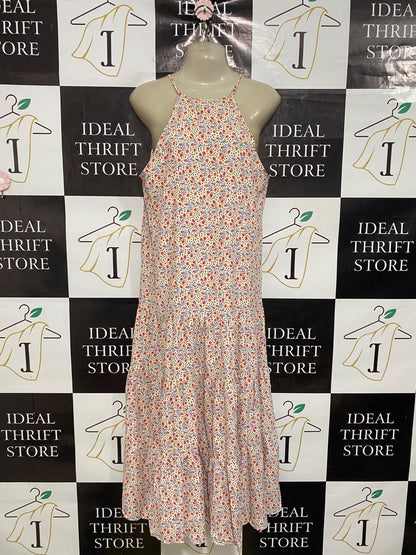 EAC |L| BUST 20| A47| CREAM AND RED FLORAL HALTER-NECK TIERED TECHNICAL UTILITY MIDI DRESS