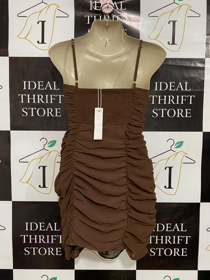 BERSHKA |S| BUST 15| A47| BROWN RUCHED BODYCON TECHNICAL UTILITY MINI DRESS