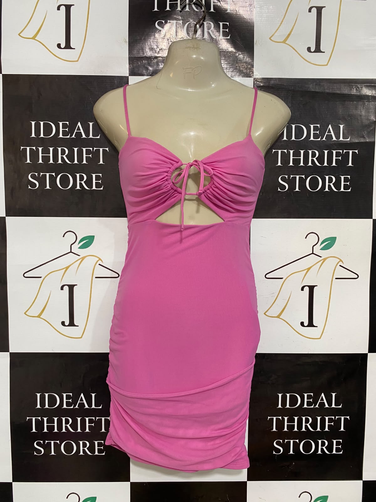 OH POLLY |S| BUST 15| A47| PINK CUTOUT RUCHED TECHNICAL UTILITY MINI DRESS