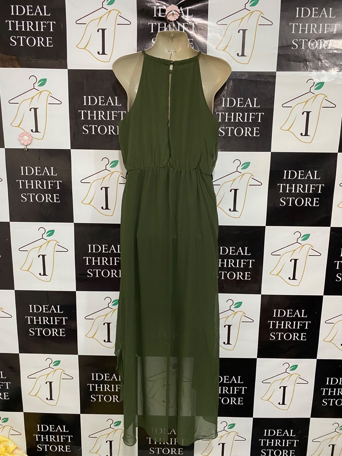 SELECT |M| BUST 17| A47| OLIVE HIGH-LOW HALTER TECHNICAL UTILITY MIDI DRESS