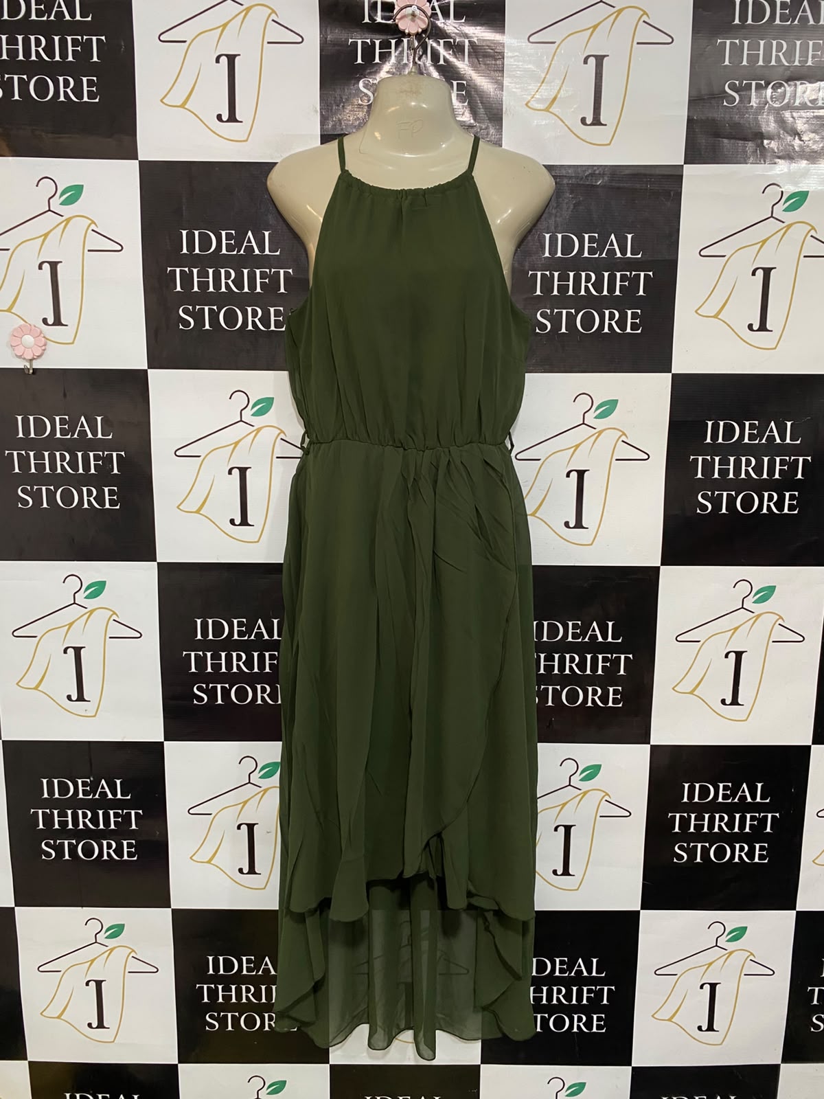SELECT |M| BUST 17| A47| OLIVE HIGH-LOW HALTER TECHNICAL UTILITY MIDI DRESS
