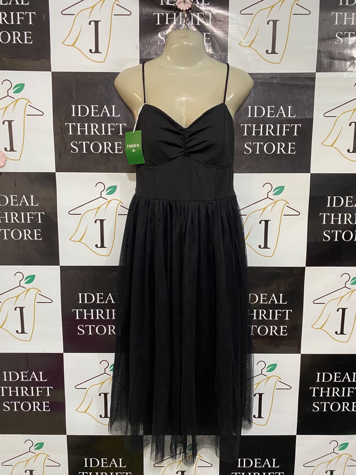 HALARA |S| BUST 15| A47| BLACK MESH OVERLAY TECHNICAL UTILITY MIDI DRESS