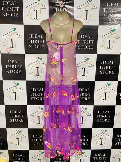 EBONIE N IVORY |S| BUST 15| A47| PURPLE MESH FLORAL-EMBROIDERED TECHNICAL UTILITY MAXI DRESS