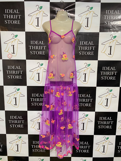 EBONIE N IVORY |S| BUST 15| A47| PURPLE MESH FLORAL-EMBROIDERED TECHNICAL UTILITY MAXI DRESS