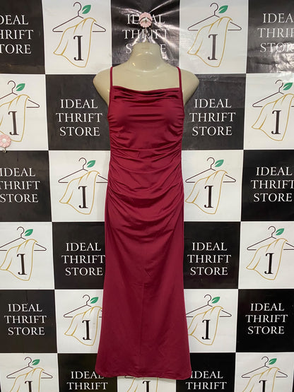 SHEIN |XS| BUST 15| A47| BURGUNDY RUCHED COWL-NECK TECHNICAL UTILITY MIDI DRESS
