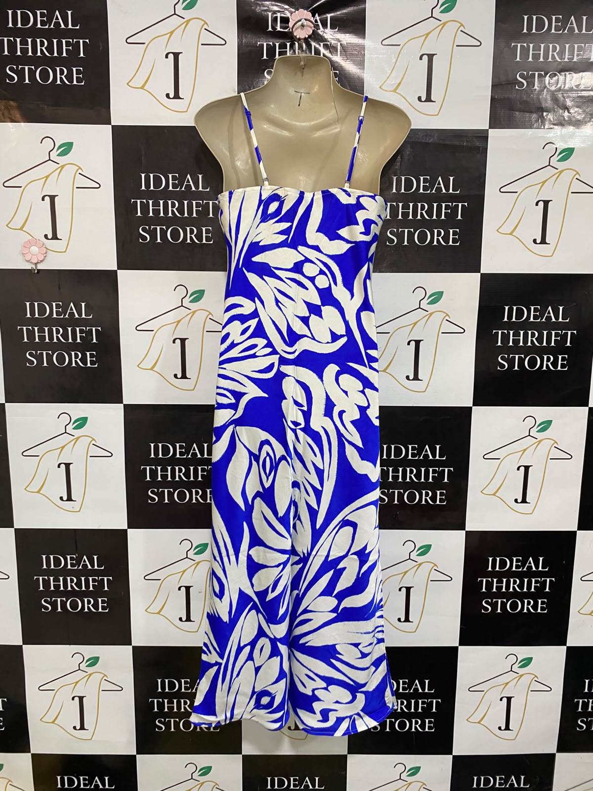 PRIMARK |S| BUST 17| A47| BLUE AND WHITE BOLD FLORAL-PRINT TECHNICAL UTILITY MAXI DRESS