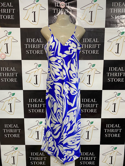 PRIMARK |S| BUST 17| A47| BLUE AND WHITE BOLD FLORAL-PRINT TECHNICAL UTILITY MAXI DRESS