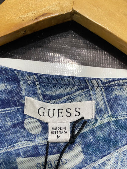GUESS |M| BUST 15| A46| BLUE DENIM-PRINT RUCHED CUTOUT TECHNICAL UTILITY LONG-SLEEVE TOP
