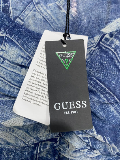 GUESS |M| BUST 15| A46| BLUE DENIM-PRINT RUCHED CUTOUT TECHNICAL UTILITY LONG-SLEEVE TOP