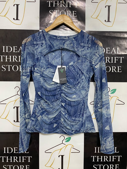 GUESS |M| BUST 15| A46| BLUE DENIM-PRINT RUCHED CUTOUT TECHNICAL UTILITY LONG-SLEEVE TOP