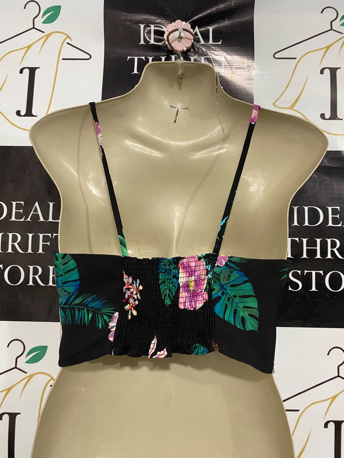 ZARA WOMAN |XS| BUST 16| A46| BLACK TROPICAL FLORAL-PRINT TIE-FRONT TECHNICAL UTILITY CROP TOP