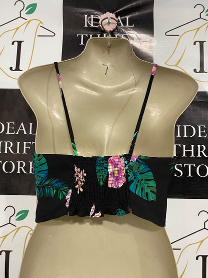 ZARA WOMAN |XS| BUST 16| A46| BLACK TROPICAL FLORAL-PRINT TIE-FRONT TECHNICAL UTILITY CROP TOP