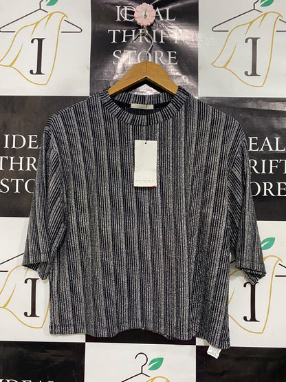 ZARA TRAFALUC |M| BUST 21| A46| BLACK AND SILVER METALLIC STRIPED TECHNICAL UTILITY BOXEY TOP