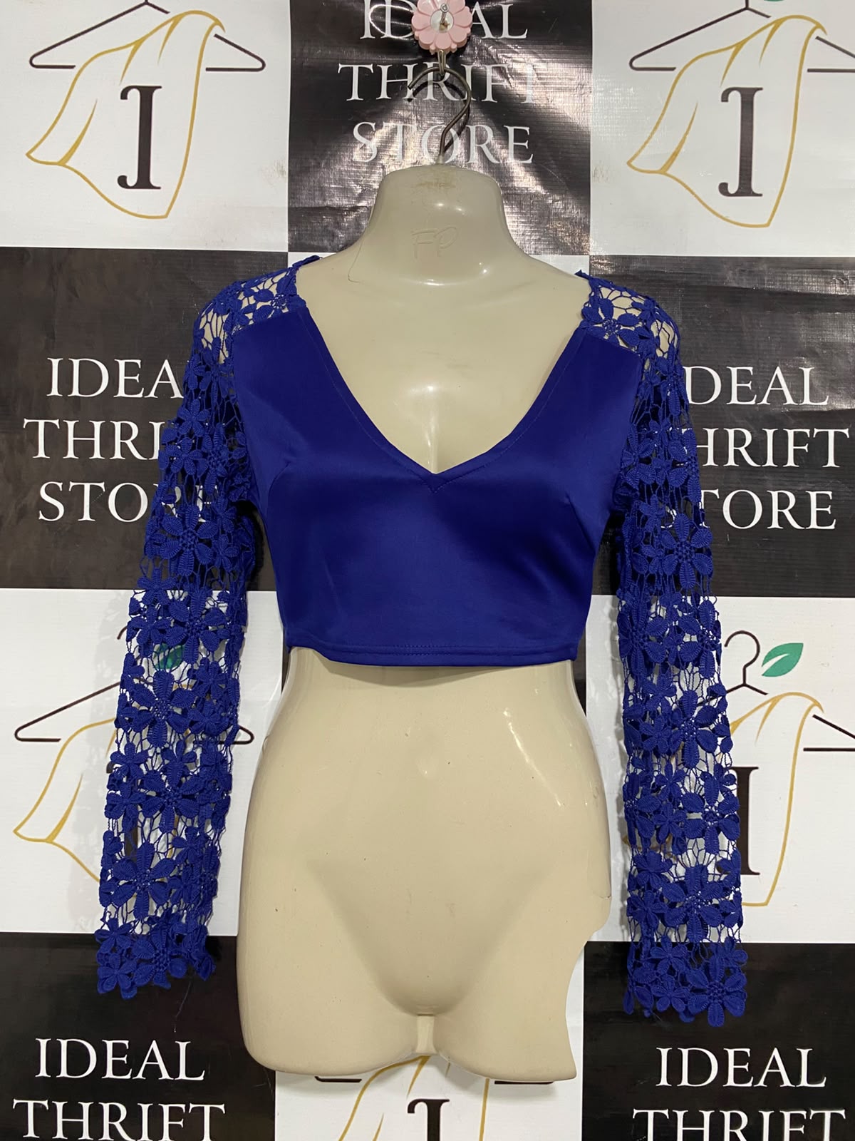 REVERSE |S| BUST 15| A46| ROYAL BLUE LACE-SLEEVE TECHNICAL UTILITY CROP TOP