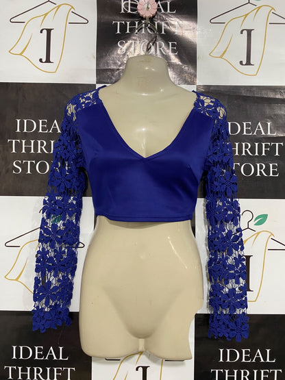 REVERSE |S| BUST 15| A46| ROYAL BLUE LACE-SLEEVE TECHNICAL UTILITY CROP TOP