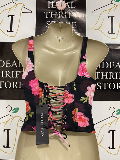 WHITE FOX |XS| BUST 15| A46| BLACK AND PINK FLORAL-PRINT CORSET TECHNICAL UTILITY CROP TOP