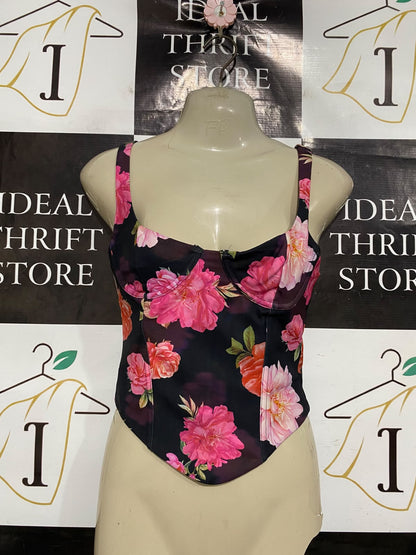 WHITE FOX |XS| BUST 15| A46| BLACK AND PINK FLORAL-PRINT CORSET TECHNICAL UTILITY CROP TOP