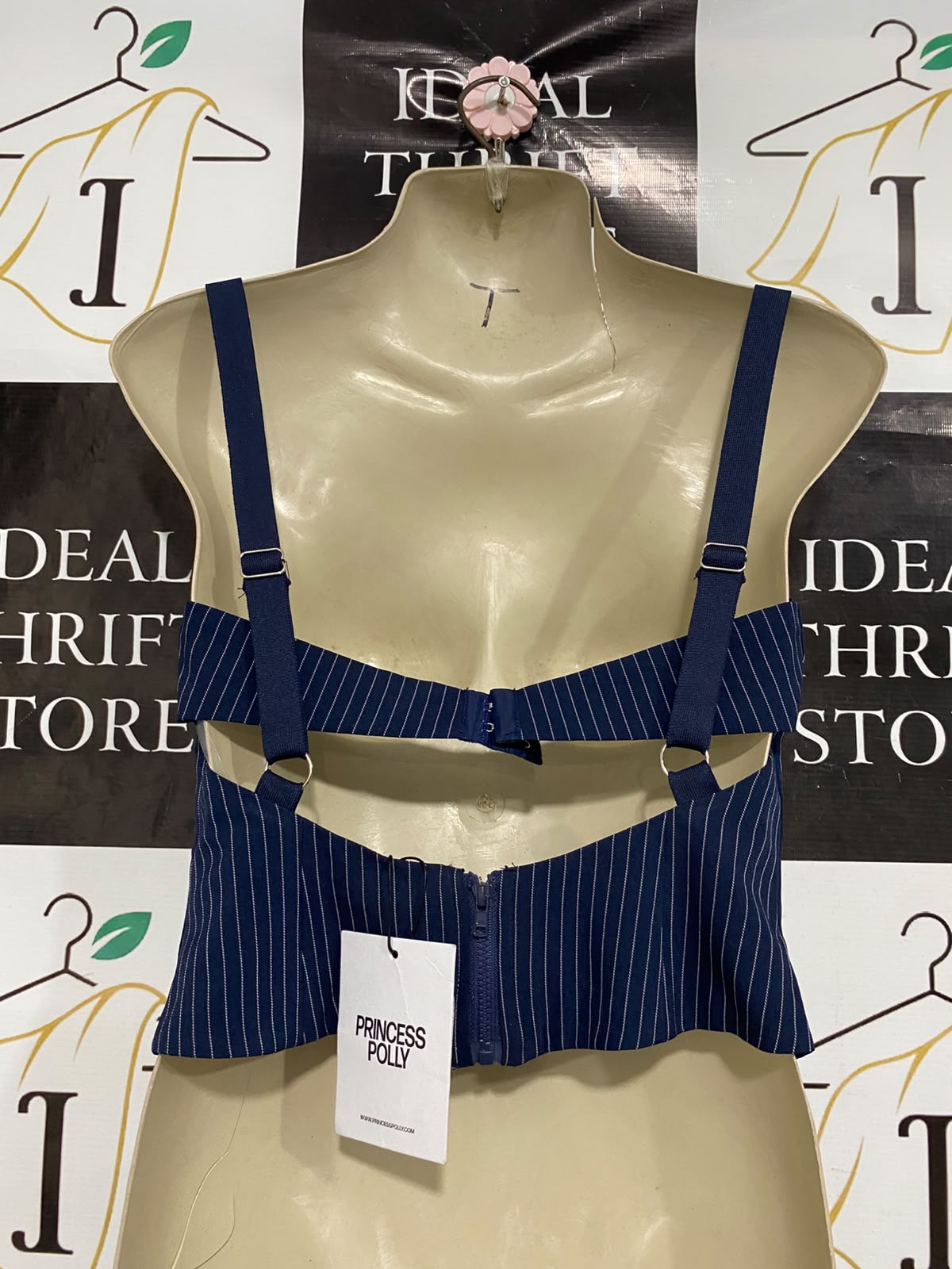 PRINCESS POLLY |S| BUST 16| A46| NAVY PINSTRIPE SWEETHEART-NECK TECHNICAL UTILITY CROP TOP