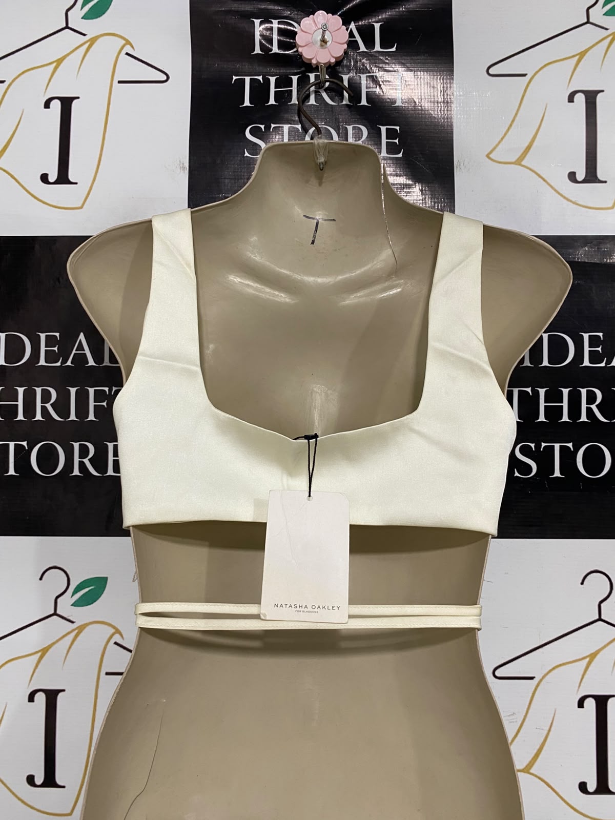 NATASHA OAKLEY |S| BUST 15| A46| IVORY WRAP-FRONT TIE-WAIST TECHNICAL UTILITY CROP TOP
