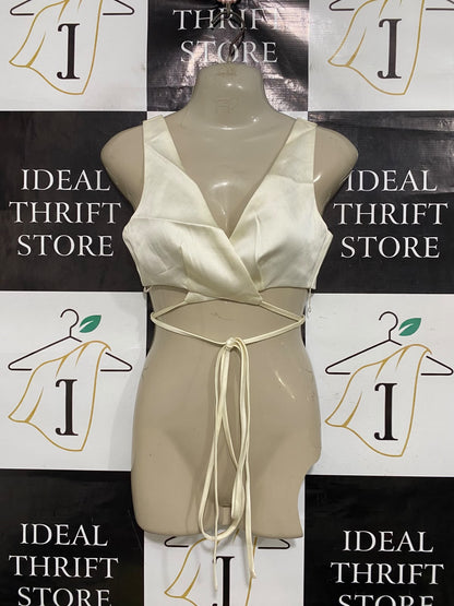 NATASHA OAKLEY |S| BUST 15| A46| IVORY WRAP-FRONT TIE-WAIST TECHNICAL UTILITY CROP TOP