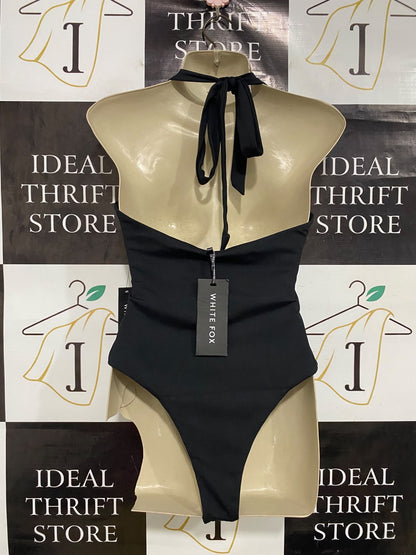 WHITE FOX |M| BUST 15| A46| BLACK WHITE FOX HALTER-STYLE TECHNICAL UTILITY BODYSUIT