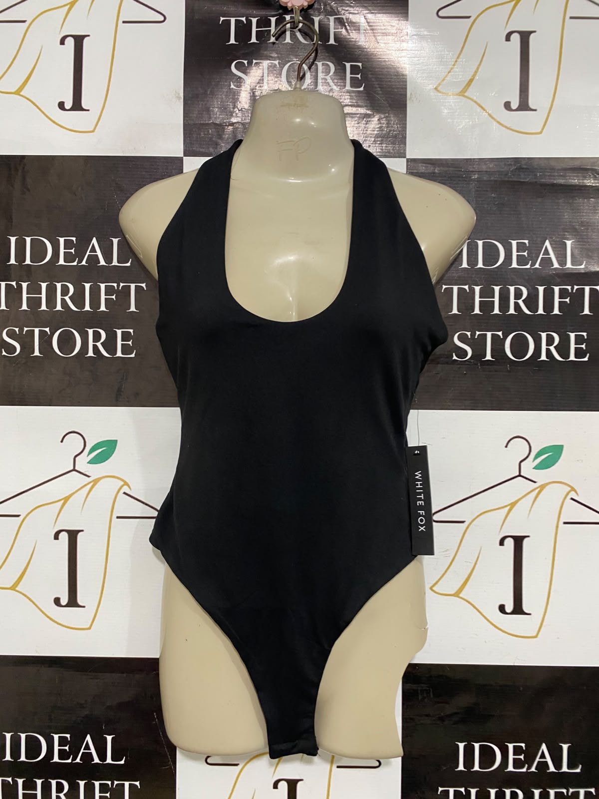 WHITE FOX |M| BUST 15| A46| BLACK WHITE FOX HALTER-STYLE TECHNICAL UTILITY BODYSUIT