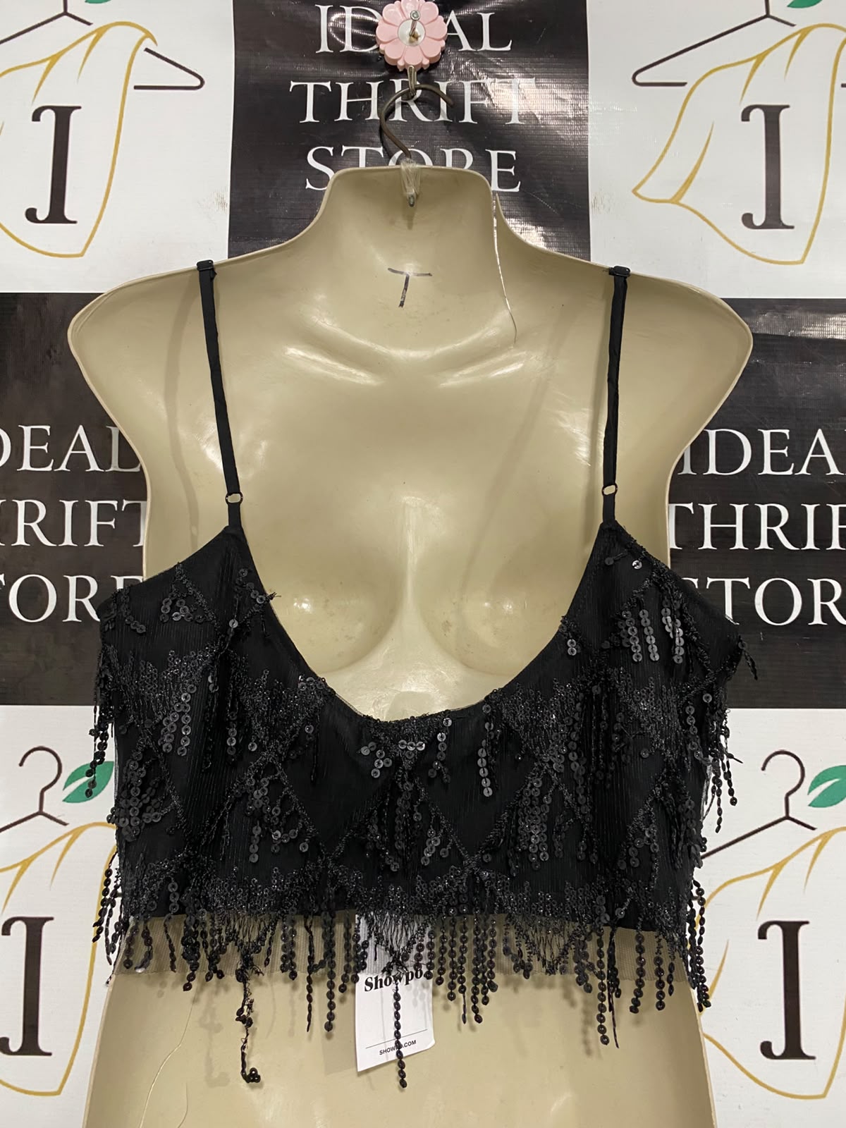 SHOW PO |M| BUST 19| A46| BLACK SEQUIN-EMBELLISHED FRINGE TECHNICAL UTILITY CROP TOP