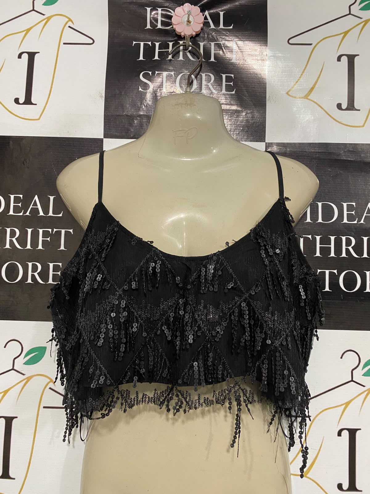 SHOW PO |M| BUST 19| A46| BLACK SEQUIN-EMBELLISHED FRINGE TECHNICAL UTILITY CROP TOP