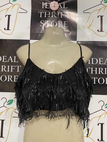 SHOW PO |M| BUST 19| A46| BLACK SEQUIN-EMBELLISHED FRINGE TECHNICAL UTILITY CROP TOP
