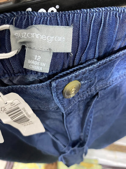 SUZANNEGRAE |L| WAIST 32| A46| BLUE DENIM-EFFECT DRAWSTRING TECHNICAL UTILITY CROPPED TROUSERS