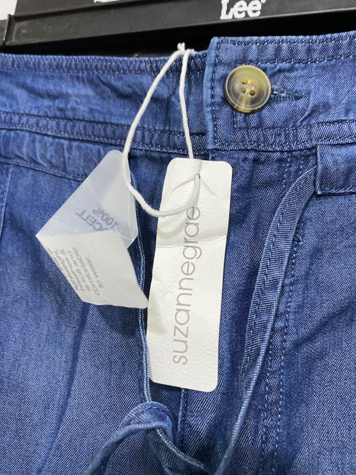 SUZANNEGRAE |L| WAIST 32| A46| BLUE DENIM-EFFECT DRAWSTRING TECHNICAL UTILITY CROPPED TROUSERS