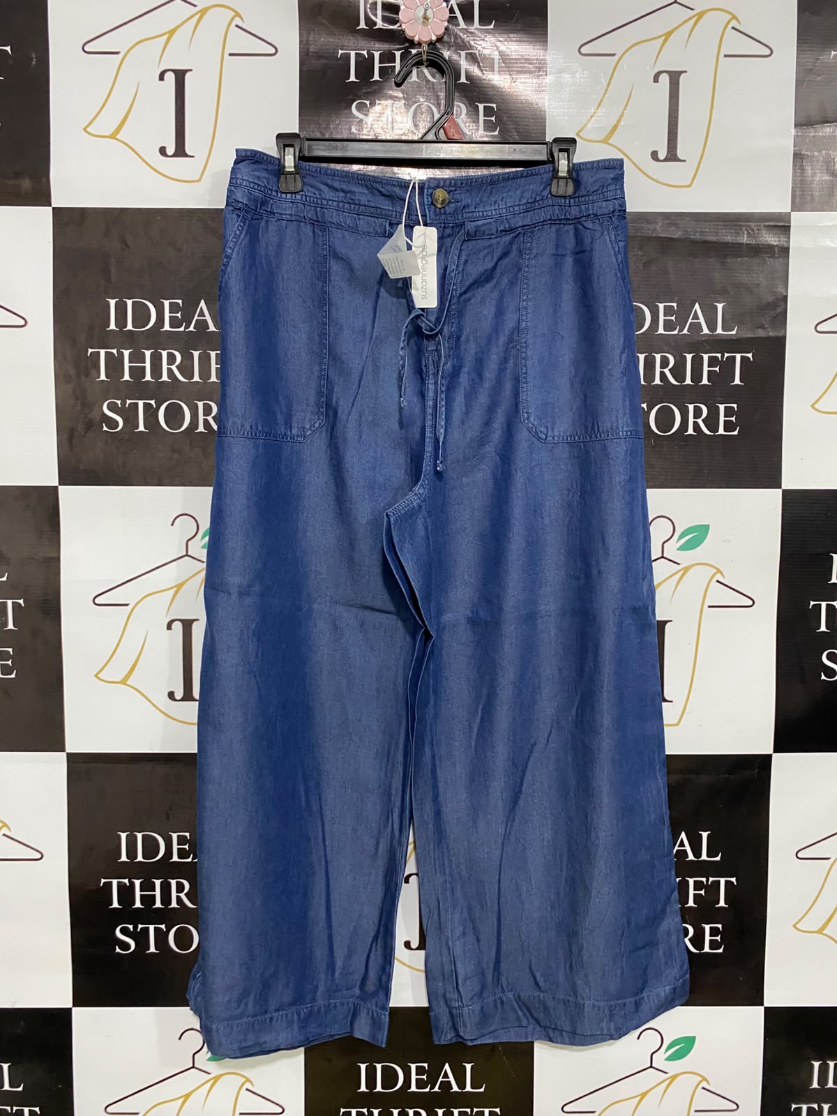 SUZANNEGRAE |L| WAIST 32| A46| BLUE DENIM-EFFECT DRAWSTRING TECHNICAL UTILITY CROPPED TROUSERS